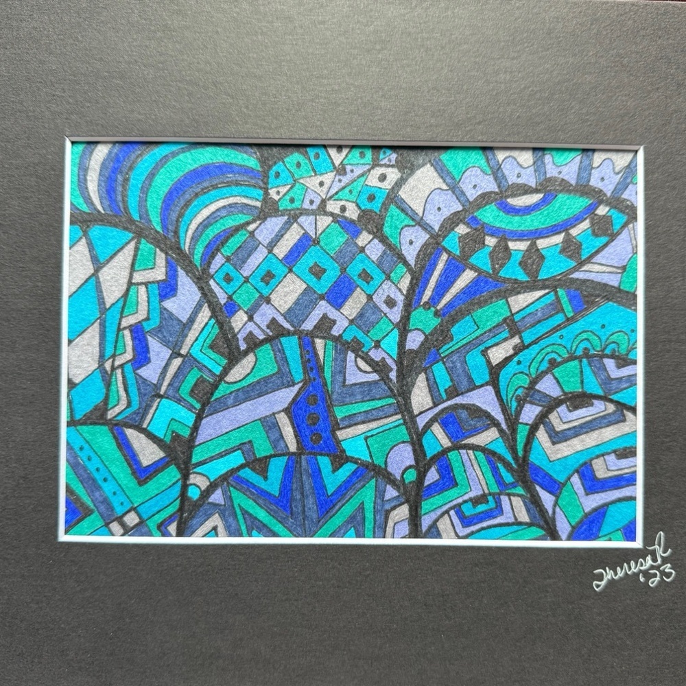 Original hand drawn intuitive abstract art with mat.